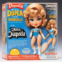 A photograph of a pristine action figure encased in its packaging, evoking a sense of collectible wonder, styled after a vintage toy advertisement. The box prominently displays "Diaperella" in bold, stylized lettering, with the action figure inside clearly resembling youthful Jane Fonda as Barbarella in diapers possessing his iconic sci-fi features and her diapers: her long blonde curly hair, in the box: a pacifier and a rattle