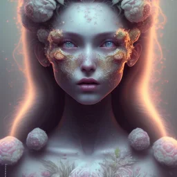 old cracked skulls, flower beautiful girl,utra realistic,highly detailed, sharp focus, insanely detailed, honeybee, fantasy art, intricate detailed, elegant, fog, Special Lighting, Vibrant, color Scheme, forest, unreal engine 5, trending on artstation