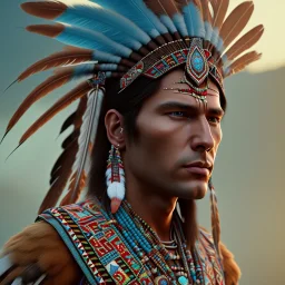 native american Indian male, red-foot, 12k, ultra high definition, finely tuned detail, unreal engine 5, octane render, ultra-realistic face, realistic headdress, detailed turquoise jewellery, detailed hair, detailed feathers, full-frame shot