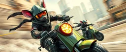 robotic ai pirate ninja in the style of fallout 4 hi speed rocket ship on leaning scooter in a swing, coated rat gremlin captain in high speed pursuit among neon spy vs spy rat cyber soldiers, with background motion blur, airbrush and pen outline, in the style of Fallout 4 and Cyberpunk and GTA5, huge sun glasses with mirror reflection, tounge out