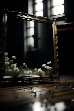 a mirror with a classic board from which white small flowers grow cinematic dramatic hd hig hlights detailled real wide and depth atmosphere