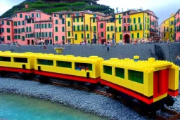 Lego close up Train in lego riomaggiore italy sea town lego