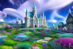 fairy and cosmic landscape with blue grass, magic plants, sky with light and stars. fairy white castle with diamond