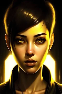In the cyber punk style: A girl of stature, short hair with bleached strands, dark brown eyes, is brown, eyes bigger than her nose, mouth and ears that are small and delicate, looking directly at the screen