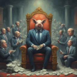 rich pig in suit on a throne making stacks of money by making a deal with a buisnessman. background of musicians. Payday payday. beksinski style. politicians