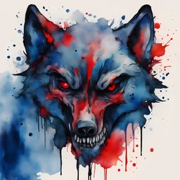 watercolor, bold black lines, black footprint, blue and red blotches, howling evil wolf face, abstract, skull