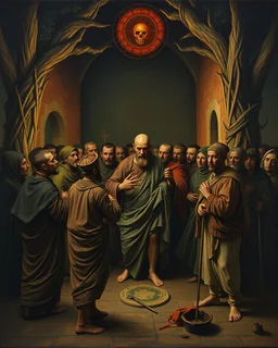 Bosch painting style ,nightmare, a group of people from the 2nd century gathering around a siperman