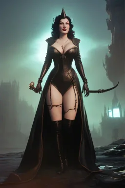 Ava Gardner as evil queen in black leather, busty, cleavage, curvy, angry, stern look. character design by cory loftis, fenghua zhong, ryohei hase, ismail inceoglu and ruan jia. unreal engine 5, artistic lighting, highly detailed, photorealistic, fantasy