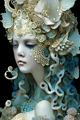 Beautiful young faced meemaid under water, wearing palimpsest art nouveau lace embossed sea shell and creatures ornate costume, adorned with palimpsest art nouveau sea creatures, sea horse. Shell coralls headdress and ribbed with árt Nouveau coralls flower and seapearls costume organic bio spinal ribbed detail of under water art nouveau sea shell embossed extremely detailed art nouveau style maximálist hyperrealistic concept árt portrait