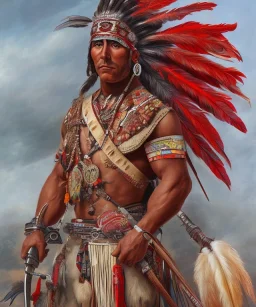 Guaicaipuro, native south american face, Muscular warrior, three red feathers headdress, holding spear