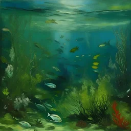 Underwater filled with marine animals painted by Claude Monet