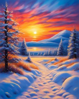 Painting of a snowy winter sunset on the plain, oil pastel painting, oil pastel style, beautiful painting, winter, snow, sunset, vibrant colors, masterpiece, detailed oil pastel details, high quality, 4k