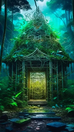 A temple in the jungle made of tangled, glowing threads and sharp, beautiful shards of glass, vulnerable and strong, surreal anatomy, emotional