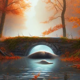 fantasy art, book illustration, close up of beaver building a dam under a bridge ,autumn water, icy frame