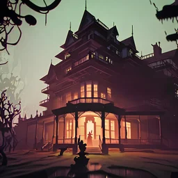 An eerie, surreal image of a haunted mansion, by Victo Ngai and Sam Wolfe Connelly, with intricate details and hidden secrets, inspired by the book House of Leaves and the game Layers of Fear, rendered in 8K resolution with Stable Diffusion