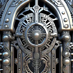 highly detailed industrial gate with cogs details, shinning metal, stainless steel glossy, futuristic, Super detailed 3d , ethnic details, intricated details, as trending in artstation,