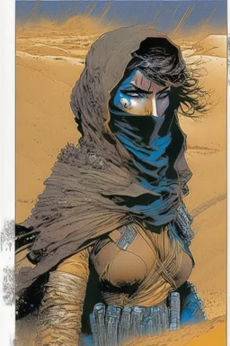 create a fine art print full body illustration of a rugged gritty, roughly textured, hooded, black clad and dusty Fremen female mercenary with highly detailed feminine facial features, amidst the billowing desert storms of Arrakis, in the comic book art style of Bill Sienkiewicz, and Jean Giraud Moebius, finely textured, drawn, colored, and inked,