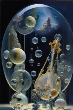 a Soap Bubble formed by multiverse-like complex surgical instruments mixed with galaxy-like musical instruments,Painting By Adrian Ghenie, Rene Magritte, Salvador Dali, Lucian Freud