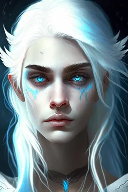 hauntingly beautiful character for dnd, young woman with white hair and blue eyes, angel