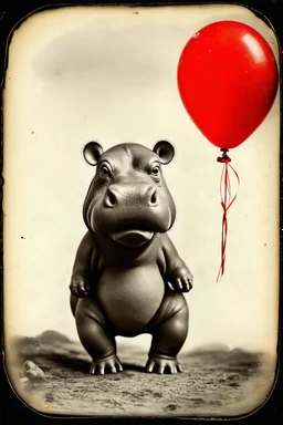 Hippopotame avec fleurs peintes, sur un balon rouge,, tintype
