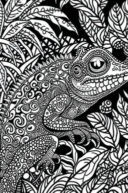 DRAW TO COLORING OF A CHAMELEON ON A JUNGLE, BLACK AND WHITE CARTOON STYLE, LOW DETAILS, THICK LINES, NO SHADING LINES