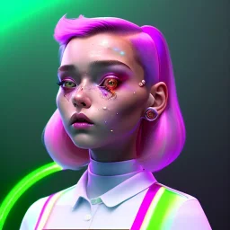 waitress teenager, rounded face, pink hair, made up cheeks, flushed cheeks, striped shirt, neon ambient light, vibrant color, pop style, highly detailed, art stations, concept art, smooth, unreal engine 5, god rays, ray tracing, RTX, lumen lighting, ultra detail, volumetric lighting, 3d, finely drawn, high definition, high resolution.