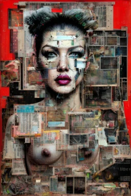 Ultra detailed medium portrait painting of a half naked woman sitting on a chair, no nudity, bended over, dark room with little light coming from an open door behind her, torn up collage of clippings, broken circuitry background, matrix effects, punk visual art, punk art aesthetic, graffiti art, pop surrealism, collage art, cluttered paint glitches