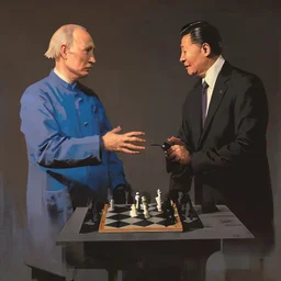 Putin, President Xi Of China And Joe Biden Play Chess With A Pigeon,Ufo And Atomic Bomb Mushroom Cloud,Complex Surgical Instruments Intermixed With A Newborn Boy,Minimalism,Painting By Adrian Ghenie,Rene Magritte,Pablo Picasso,Michelangelo,Salvador Dali,Lucian Freud