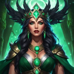 TALES OF HORROR AND SEDUCTION! A scene of decadent raw power. Subject: A low-angle portrait capturing a fierce, youthful woman druid. Crowned in celestial iron and adorned with the relics of a realm long vanished, the Starborn Queen stands. Her eyes flash with emerald malice and seductive intent, looking directly into the lens. At her hip, a gnarled wooden staff in her left hand, grips a stone-tipped dagger. She stands beneath a bleeding sky. Her right hand gestures subtly, conjuring swirling, v