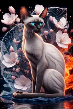 breathtaking cinematic 3D render illustration of a slender purebred Siamese cat, featuring its iconic wedge-shaped head, large ears, piercing blue eyes, and a mesmerizing smooth flat coat. The cat is surrounded by delicate apple blossom flowers and framed by intricate line art, highlighting its fine details. The composition bursts with vibrant splashes of fire and ice, seamlessly blending these elements. Dynamic water splashes add drama, and a black background accentuates the rich color palette