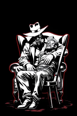 western styles man with hat (wide flat brim flat top) shading face, wearing a gas-mask, sitting forward on a wingback chair while leaning in to intimidate a man tied to a chair, vignette, black and white graphic novel style with a red outline on black background, gothic horror