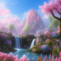 fleurs gigantesques et délicates roses et bleues en premier plan, ciel rose et bleu, cascades en arrière plan , ambiance ensoleillée très réelle, 8k