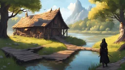 illustration {a scene showing an idyllic cabin near a river around noon, the cabin is in a medieval fantasy setting, in the distance an elven woman wearing black padded gambeson can be seen sneaking in, she is a thief.} highly detailed, digital art, semi-realistic, realism, fantasy, dreamscape, ethereal