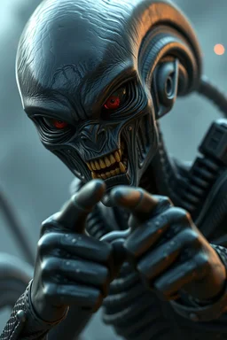 Alien angry and looking up , d&d character art masculine features, pointing at you , deep coal-gray skin, 8k, 3d cgi, unreal engine 6, high detail, intricate, cinematic battle background