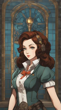 Yong Elizabeth in 8k bioshock artstyle, 2D anime them, full body, intricate details, highly detailed, high details, detailed portrait, masterpiece,ultra detailed, ultra quality