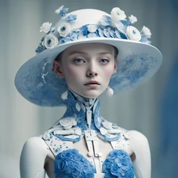 create a woman in a blue dress and a white hat, porcelain cyborg, behance favourite, fully robotic!! girl, young girls, flora, doll, inspired by Taro Okamoto, genevieve o'reilly, still from alita, white balance, vogue italy, anthropomorphic _ humanoid, todd macfarlane, shot with Sony Alpha a9 Il and Sony FE 200-600mm f/5. 6-6.3 G OSS, natural light, hyper-realistic photography, ultra detailed -ar 1:1 -q 2 -s 75