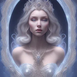 portrait of the most gorgeous, stunning, beautiful ice goddess with large wolf, intricate crystal ice crown, 8k resolution, high-quality, fine-detail, ornate, digital art, detailed matte, volumetric lighting, brian froud, howard lyon, selina french, annie stokes, lisa parker, greg rutowski,