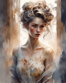 Elegant girl with fantastic face, intricate hairstyle, detailed dress, in bedroom setting, watercolor style blend influenced by Razumov, Volegov, Carne Griffiths, Wadim Kashin, ambient SF tones, intricate artwork with ominous undertone, matte painting resembling film poster, composition adhering to golden ratio, trending aesthetic on CGSociety, ArtStation, character model evoking Artg