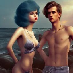 Aaron Carter with sexy Clara Bow, stormy seas, two people, Aaron Carter, romance, romantic, water, swimming, DAZ3D, by Michael Turner, soft lips, cinematic lighting, studio lighting, shine, 4K, fantastic view, girls at beach with her.