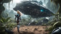 Wide-angle, full body of a woman, with straight blond hair, dressed like a robot, with equipment in her hands, next to a crashed spaceship, on an alien jungle world in the multiverse