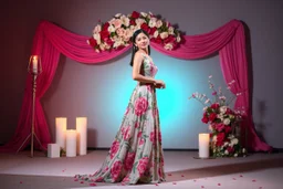 picture of lady with a maxi dress flower stye design posing in a art an romantic stage