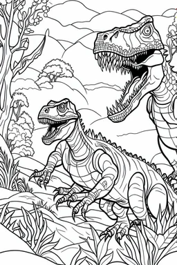 create a coloring page, white background Illustrate two young T-Rexes engaged in a roaring contest to establish dominance over their territory. Depict a T-Rex patrolling the borders of its territory, sniffing the air and surveying its surroundings for intruders. Kids can color the T-Rex amidst towering trees and dense vegetation.. ink drawing clipart, simple line illustrations, colored