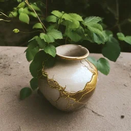 photo of a small cracked ceramic vase repaired with gold, kintsugi, natural setting, beautiful landscape photography, beautiful, vines and leaves, rosebuds, delicate, cinematic, high detail, beautiful composition, delicate arrangement, aesthetic, soft lighting, award winning photography, tender