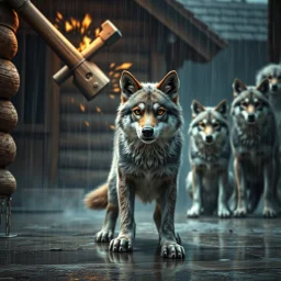 A group of anthropomorphic wolves react in surprise as a large hammer slams into an wooden house wall. one young anthropomorphic wolf's figure in bodyhair positioned in the foreground with empty paws, in the background, other anthropomorphic wolves watch the scene unfold with expressions of shock and with surprise faces. high realistic, detailed, sci-fi, digital art, dark fantasy mood, rain, deep colors, sharp lines, cinematic