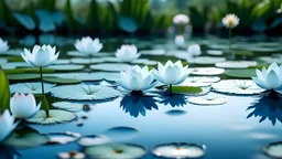 Un estanque de nenúfares en un jardín. Los tonos suaves azulados y difuminados crean una sensación de calma y serenidad. Los nenúfares flotan en la superficie del agua y reflejando el cielo. Con un estilo expresionista
