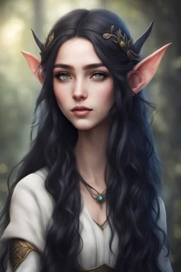 teenager beautiful elven girl, with long wavy black hair and long pointed ears