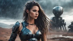 science fiction scene like cyberpunk on alien planet woman long hair ultrarealistic wet skin raining, tattos photorealistic, wind is blowing, tanned skin collarbones, one mechanical arm, robot army behind