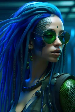 mermaid cyberpunk some fish scales on face indigo hair dreadlock sunglasses