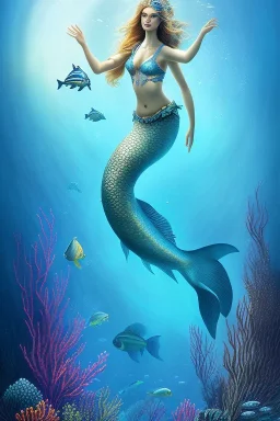 underwater, a mermaid, beautiful colors, fish, very fine detail, high quality, mystical, intricate, Neo-Impressionism, soft lighting, dream like,