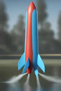 desain 3D water rocket with 4 blue fin sedang meluncur dengan asapnya di udara